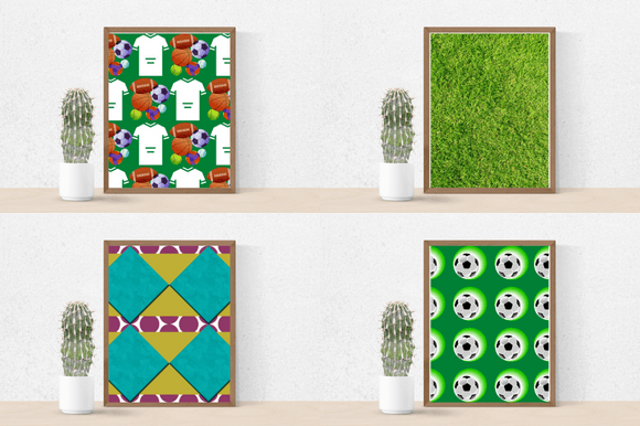 Four posters in a cubism style with football balls and other football symbols.