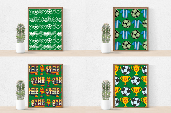 Four football posters in a green.
