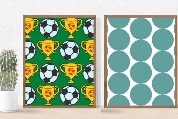Warm green posters with football symbols.