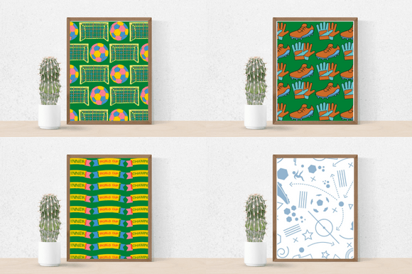 Four posters with green football elements.