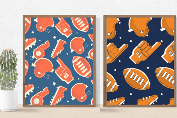 Two posters with orange football balls.