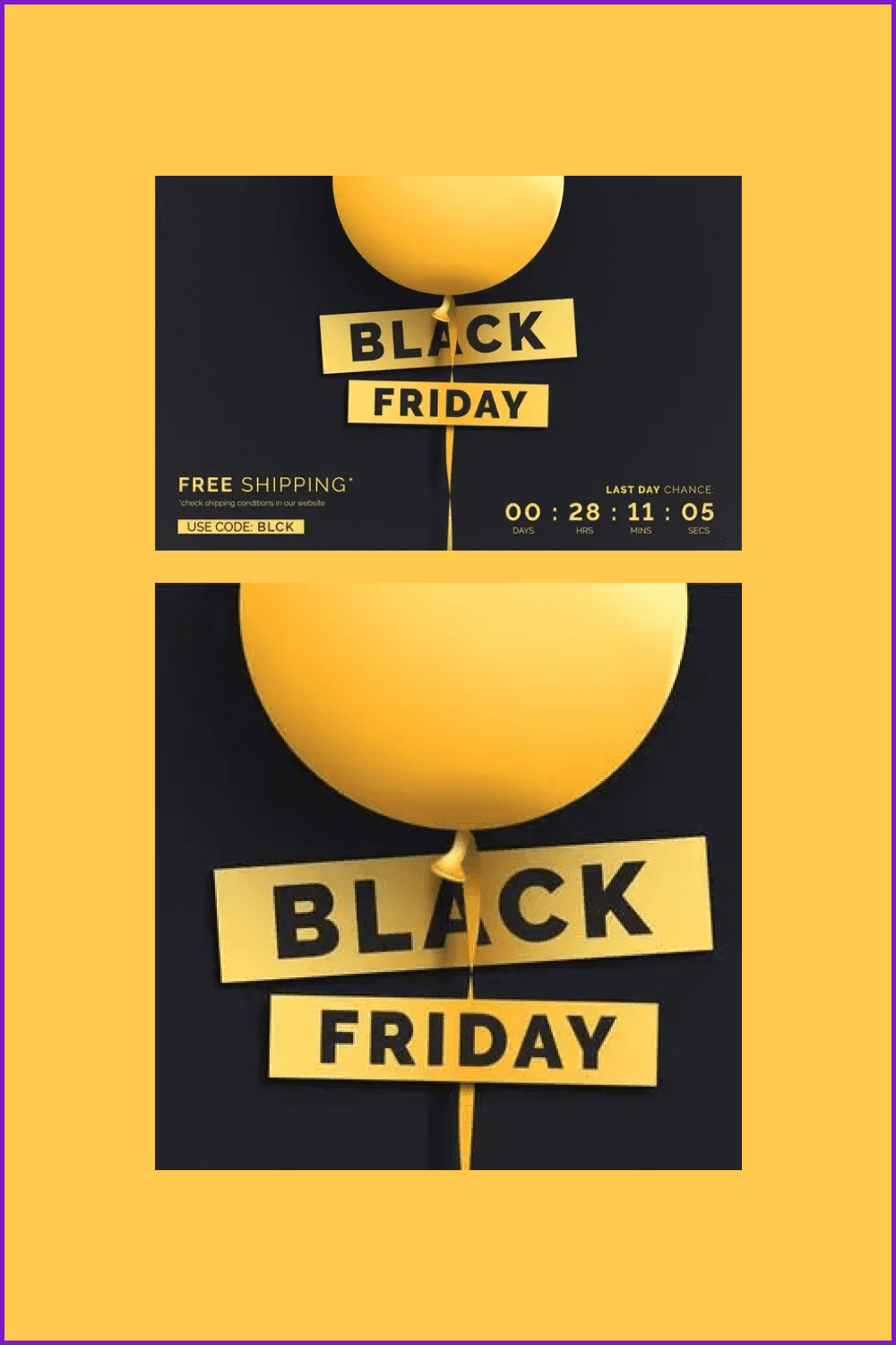 Banner for Black Friday with yellow balloon and black background.