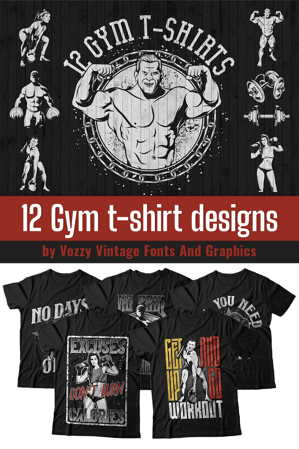 A set of black t-shirts in black with a beautiful print for men and women working out in the gym.