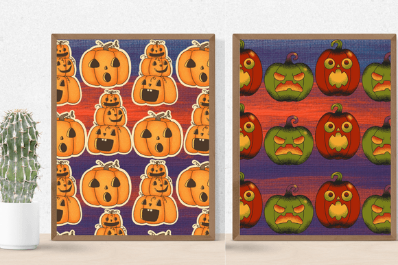 Cactus in a pot and 2 different pictures in brown frames - orange surprised pumpkins against the backdrop of sunset, red surprised and green angry pumpkins against the backdrop of sunset.