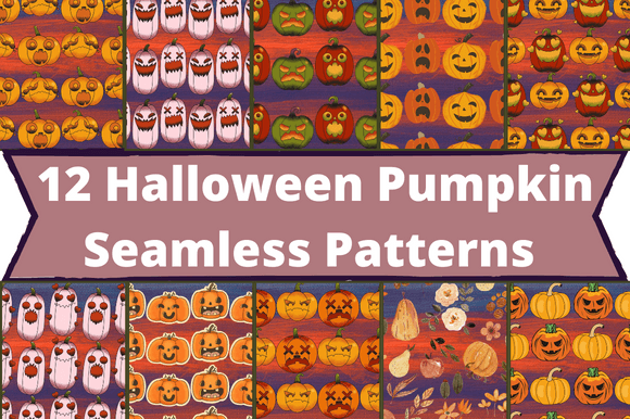 The white lettering "12 Halloween Pumpkin Seamless Patterns" on a lavender background and 10 different images with pumpkins.