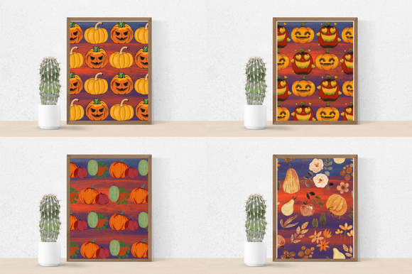Cactus in a pot and 4 different pictures with pumpkins against the backdrop of sunset in brown frames.