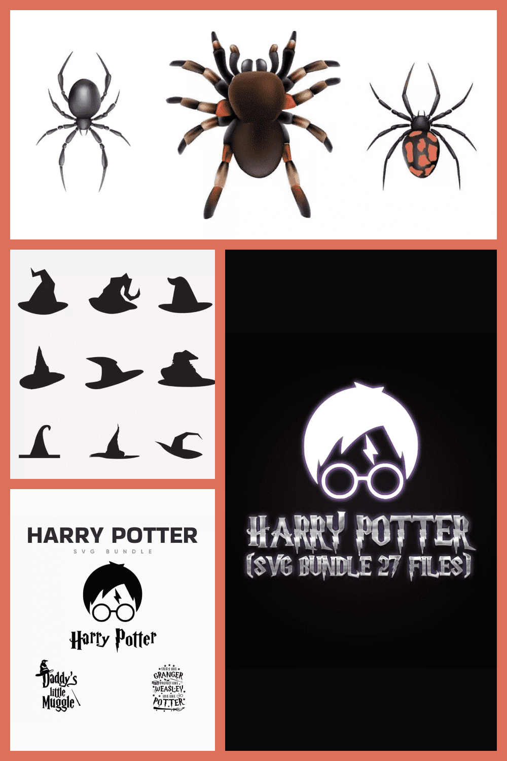 Collage of spiders, witch hats and Harry Potter head sketch.