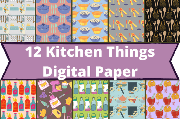 The white lettering "12 Kitchen Things Digital Paper" on a lavender background and 10 different kitchen images.
