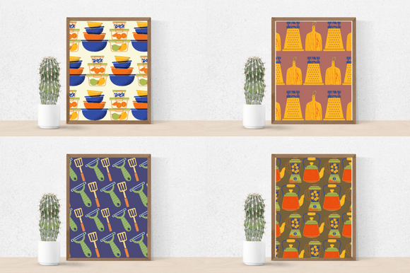 Cactus in pot and 4 pictures in brown frames - a set of food boxes, a wooden board and a yellow grater with a blue handle, kitchen spatula and green vegetable peeler, coffee pot and teapot.