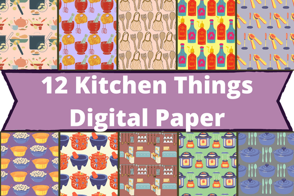 The white lettering "12 Kitchen Things Digital Paper" on a lavender background and 10 different kitchen images.