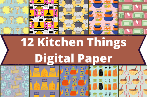The white lettering "12 Kitchen Things Digital Paper" on a brown background and 10 different kitchen images.