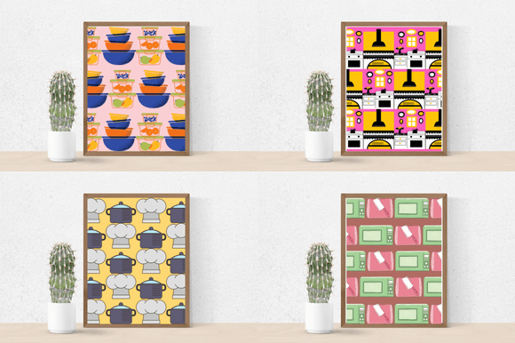 Cactus in pot and 4 pictures in brown frames - a set of food boxes, a kitchen in yellow, black, pink and white, a chef's hat and a saucepan, microwave and cutting board with knife.