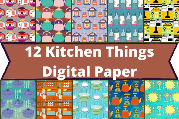 The white lettering "12 Kitchen Things Digital Paper" on a brown background and 10 different kitchen images.