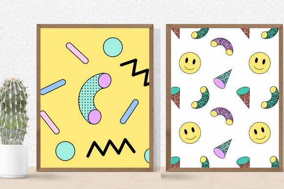 Cactus in pot and 2 different geometric pictures in brown frames on a yellow and white background.