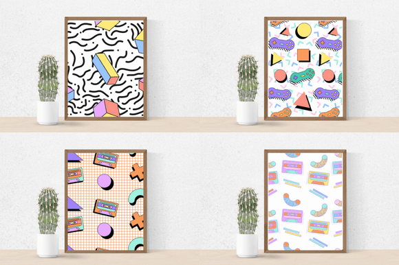 Cactus in pot and 4 different geometric pictures in brown frames on white backgrounds.