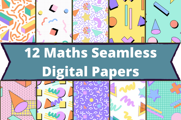 The white lettering "12 Maths Seamless Digital Papers" on a blue background and 10 geometric images.