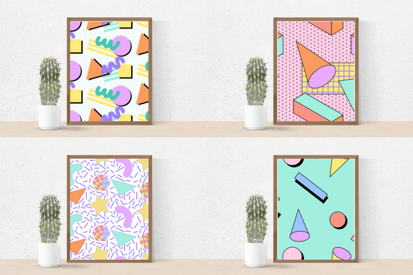 Cactus in pot and 4 geometric pictures in brown frames on a white, pink and light blue background.