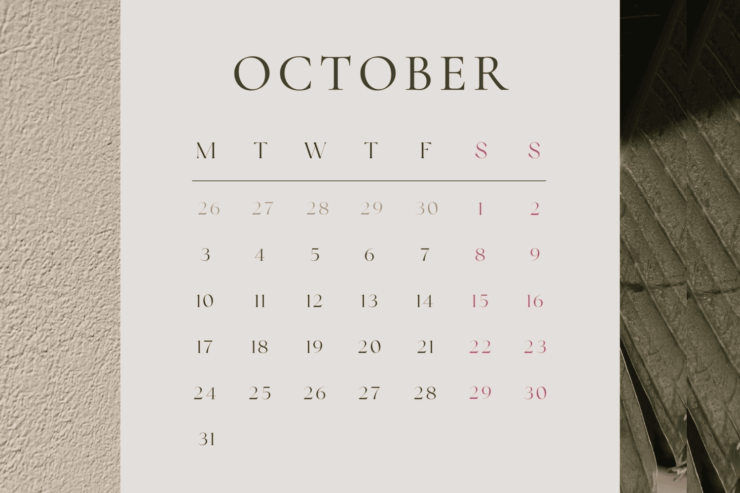 October calendar with beige background.