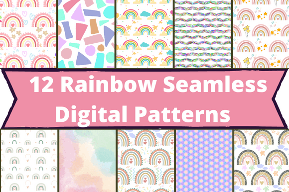 The white lettering "12 Rainbow Seamless Digital Patterns" on a pink background and 10 different rainbow images.