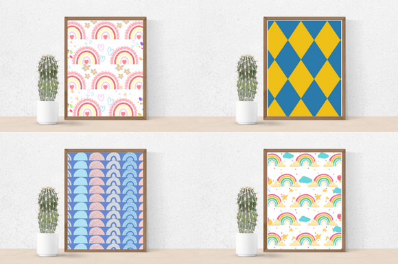 Cactus in a pot and 4 different pictures in brown frames - rainbows on white, yellow, blue and white backgrounds.
