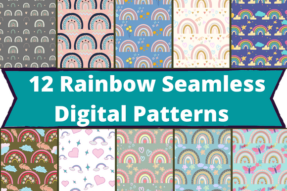 The white lettering "12 Rainbow Seamless Digital Patterns" on a blue background and 10 different rainbow images.
