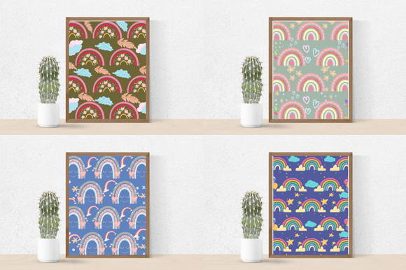 Cactus in a pot and 4 different pictures in brown frames - rainbows on brown, grey-green, light blue and blue backgrounds.