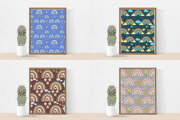 Cactus in a pot and 4 different pictures in brown frames - rainbows on blue, black, brown and grey backgrounds.