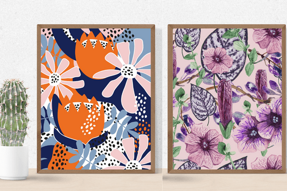 Two posters with bright abstract flowers illustrations.