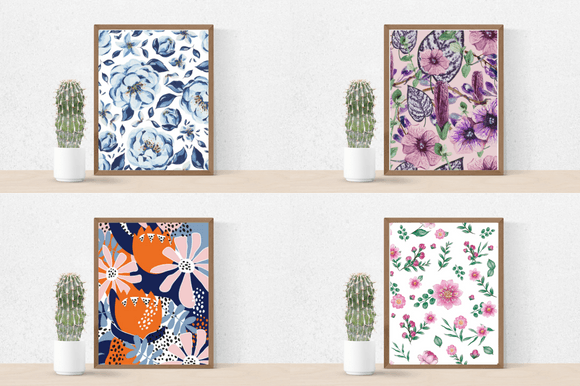Four posters with abstract flowers.