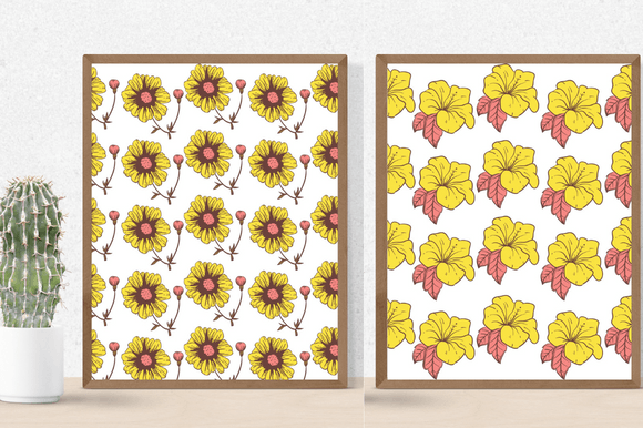 Bright summer flowers on the posters.