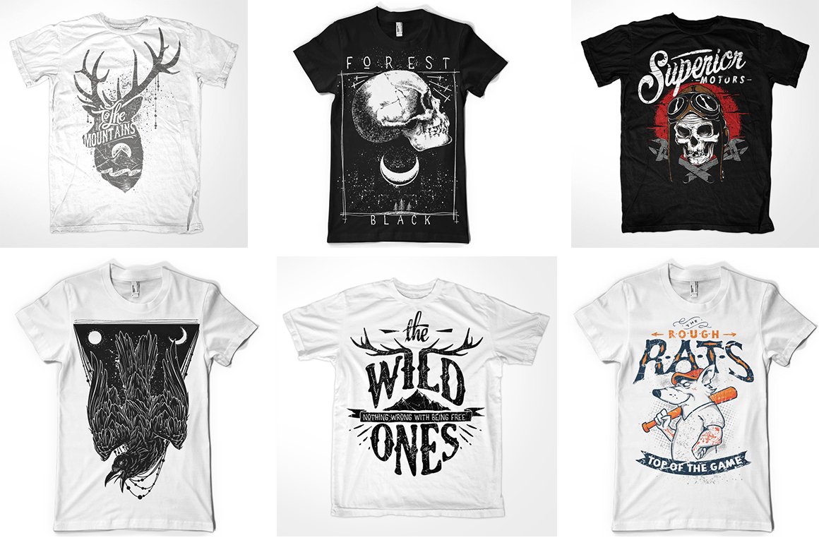 Black and white t-shirts with modern illustrations.