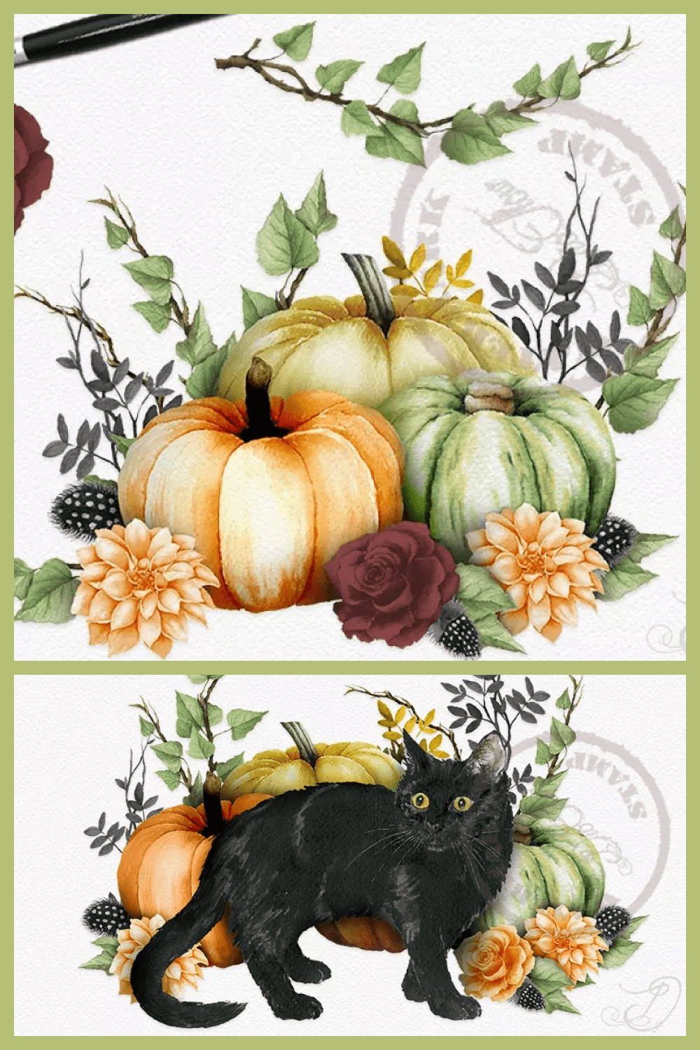 Drawn black cat on a background of yellow, orange and green pumpkins and flowers.