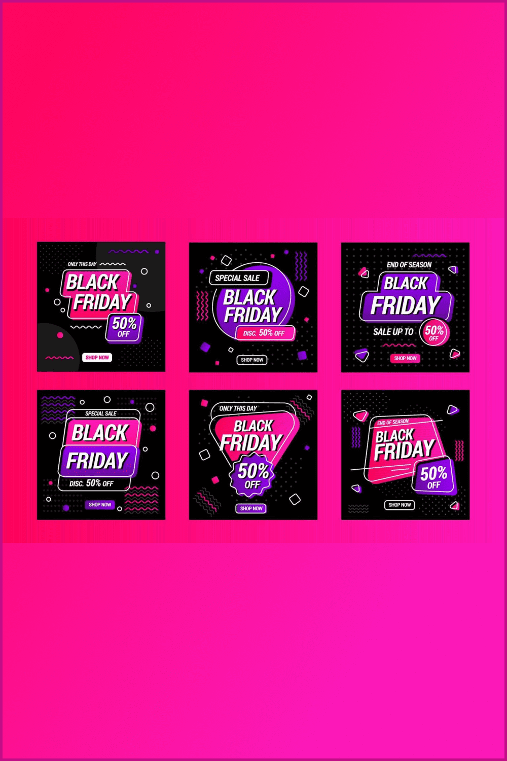 Collage of black friday stickers with black, pink and purple background.