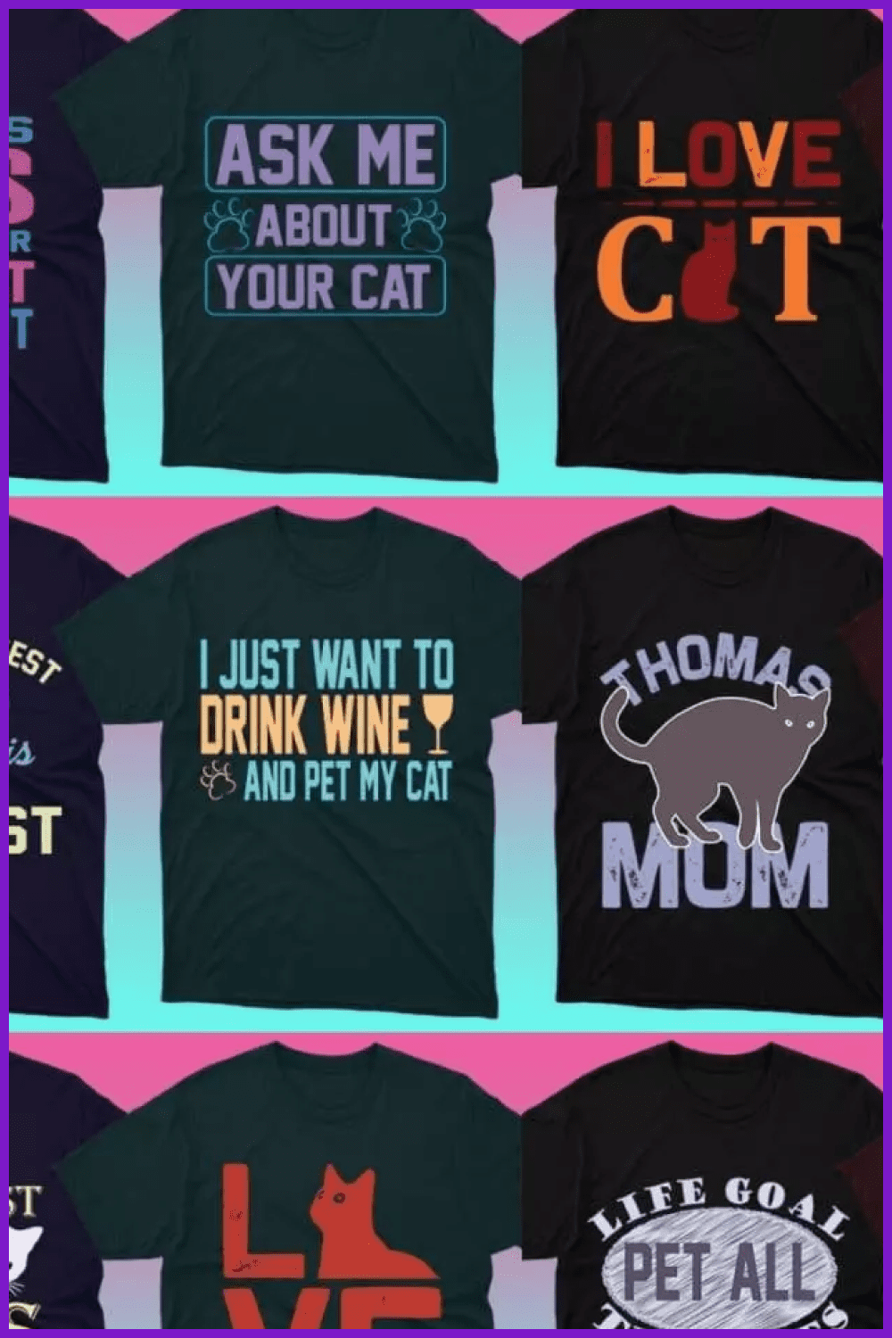 Collage of images of dark t-shirts with inscriptions about cats.