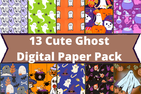 The white lettering "13 Cute Ghost Digital Paper Pack" on a brown background and 10 different images with ghost.