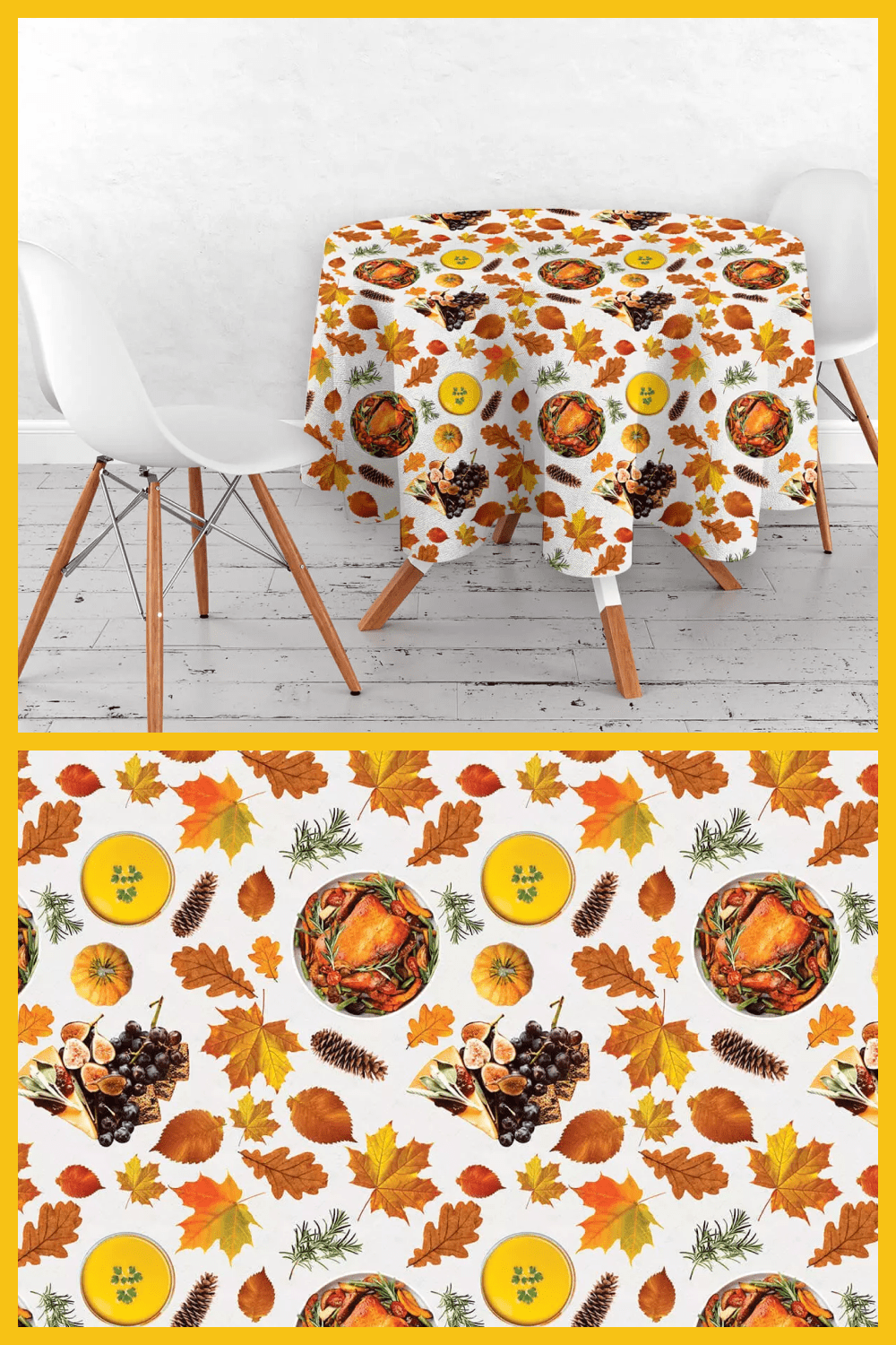 White chair and table with a bright tablecloth with images of leaves and turkey.