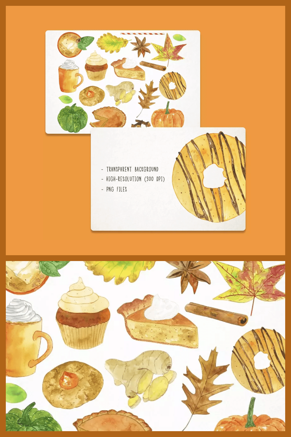 Collage with sketches of pies, pies, donuts, cinnamon leaves and sprigs.
