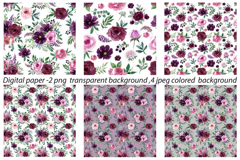 Burgundy, Purple and Pink Watercolor Flowers Clipart Set patterns.