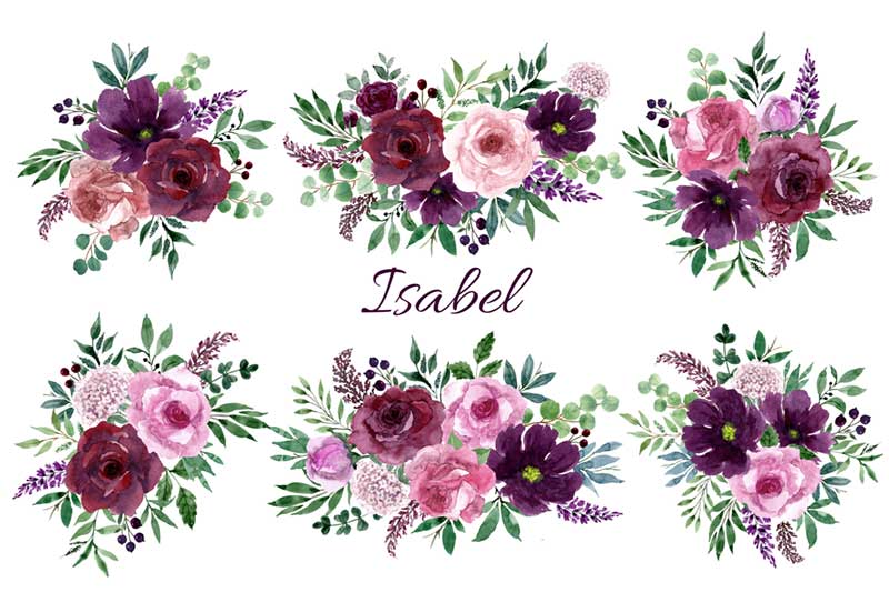 Burgundy, Purple and Pink Watercolor Flowers Clipart Set floral compositions.