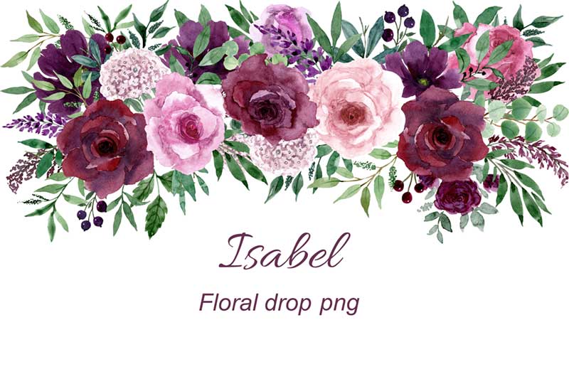 Burgundy, Purple and Pink Watercolor Flowers Clipart Set.