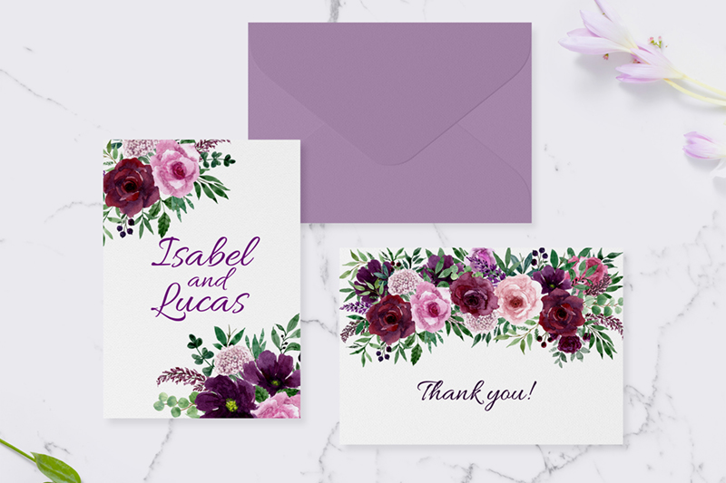 Burgundy, Purple and Pink Watercolor Flowers Clipart Set for your designs.