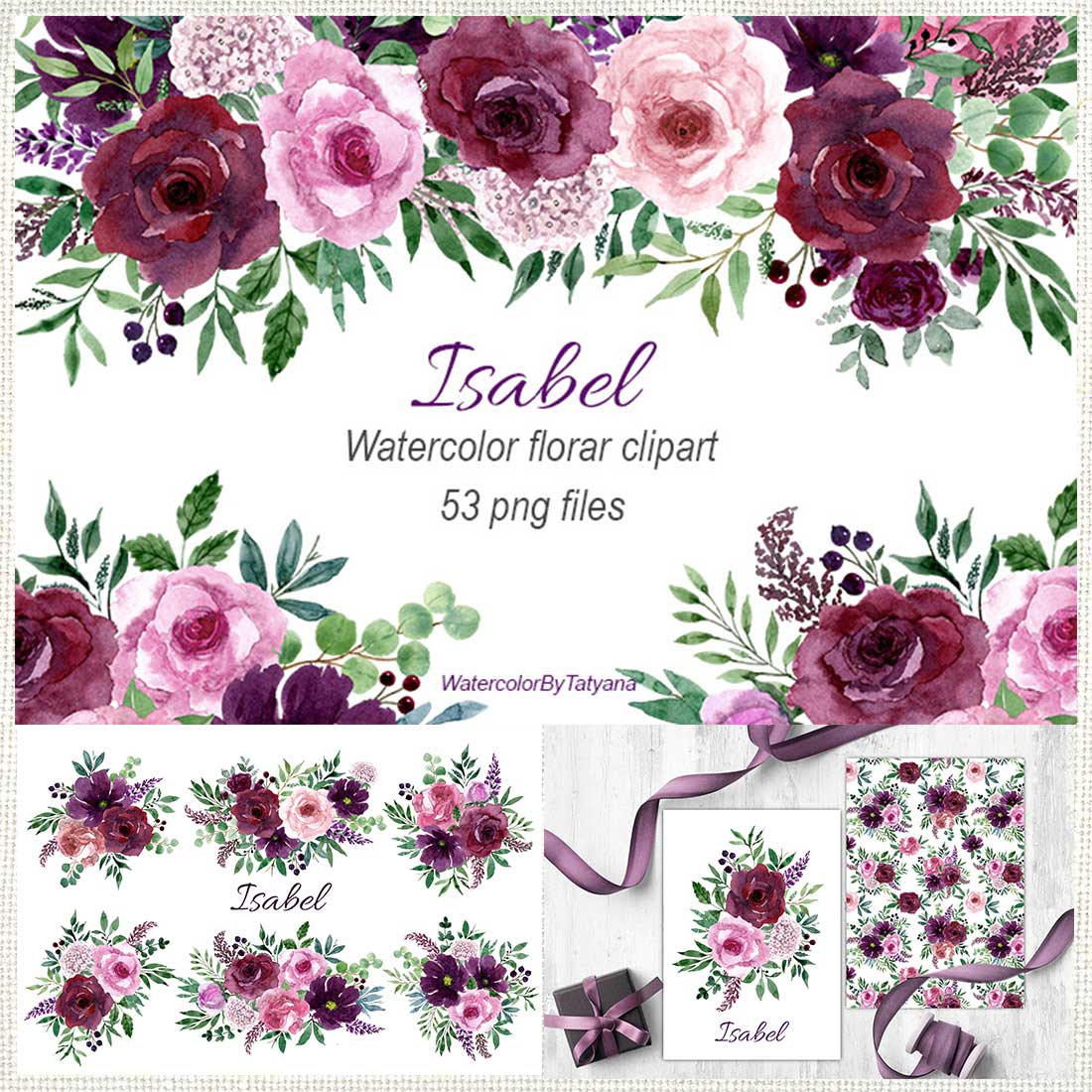 Burgundy, Purple and Pink Watercolor Flowers Clipart Set cover image.