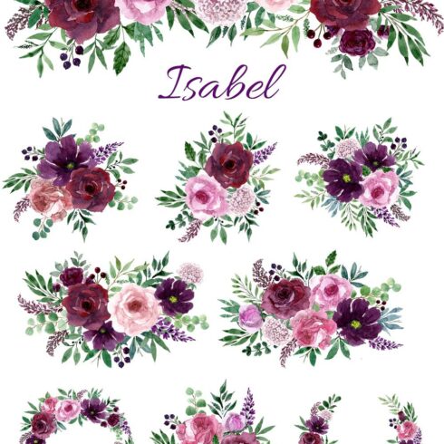 Burgundy, purple and pink watercolor flowers. Clipart set | MasterBundles