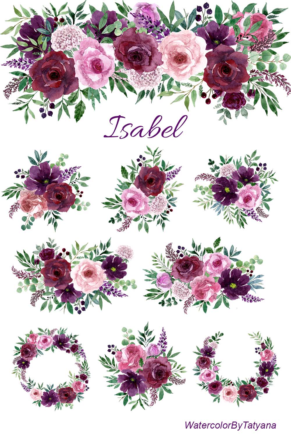 Burgundy, Purple and Pink Watercolor Flowers Clipart Set pinterest image.