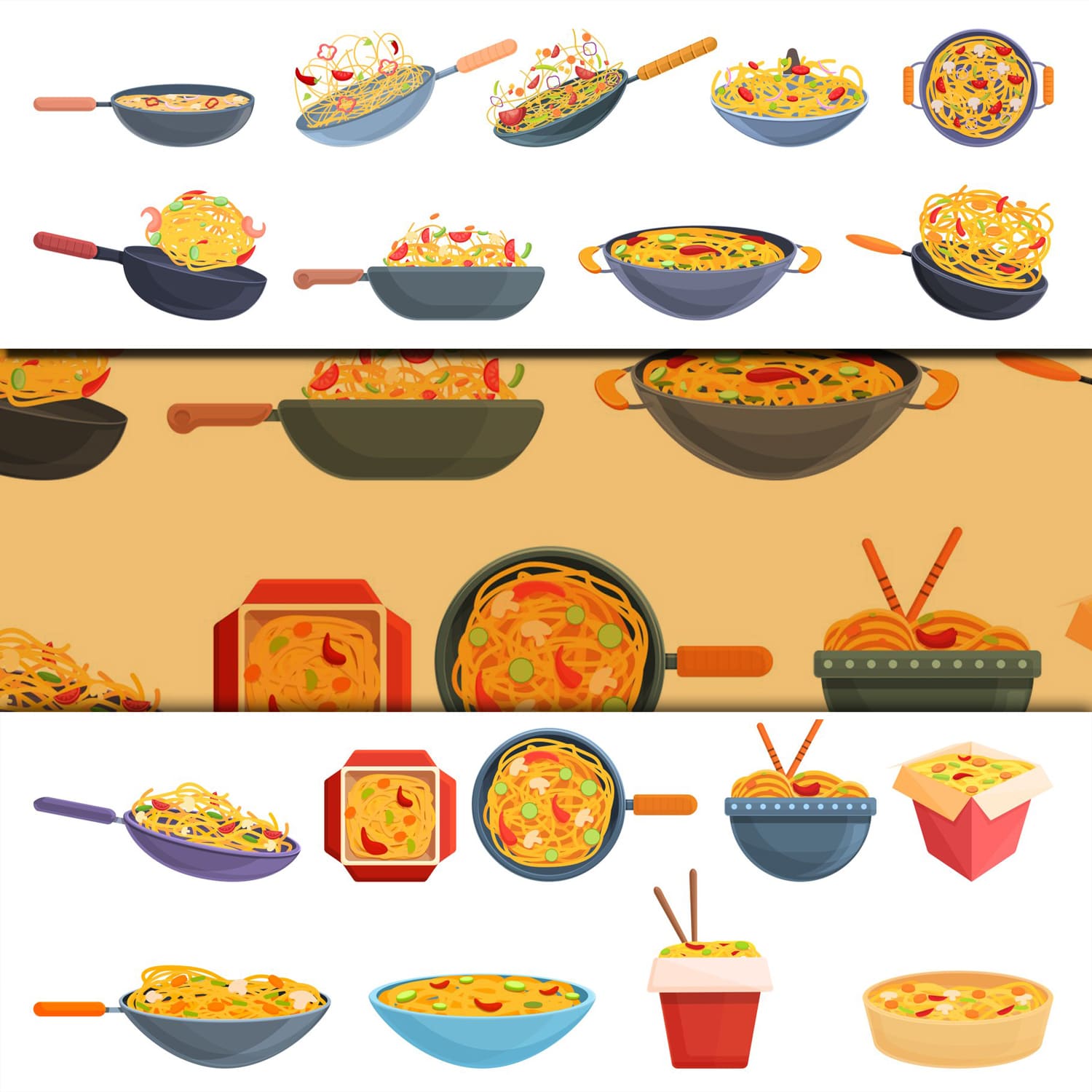 Wok menu icons set, cartoon style cover.