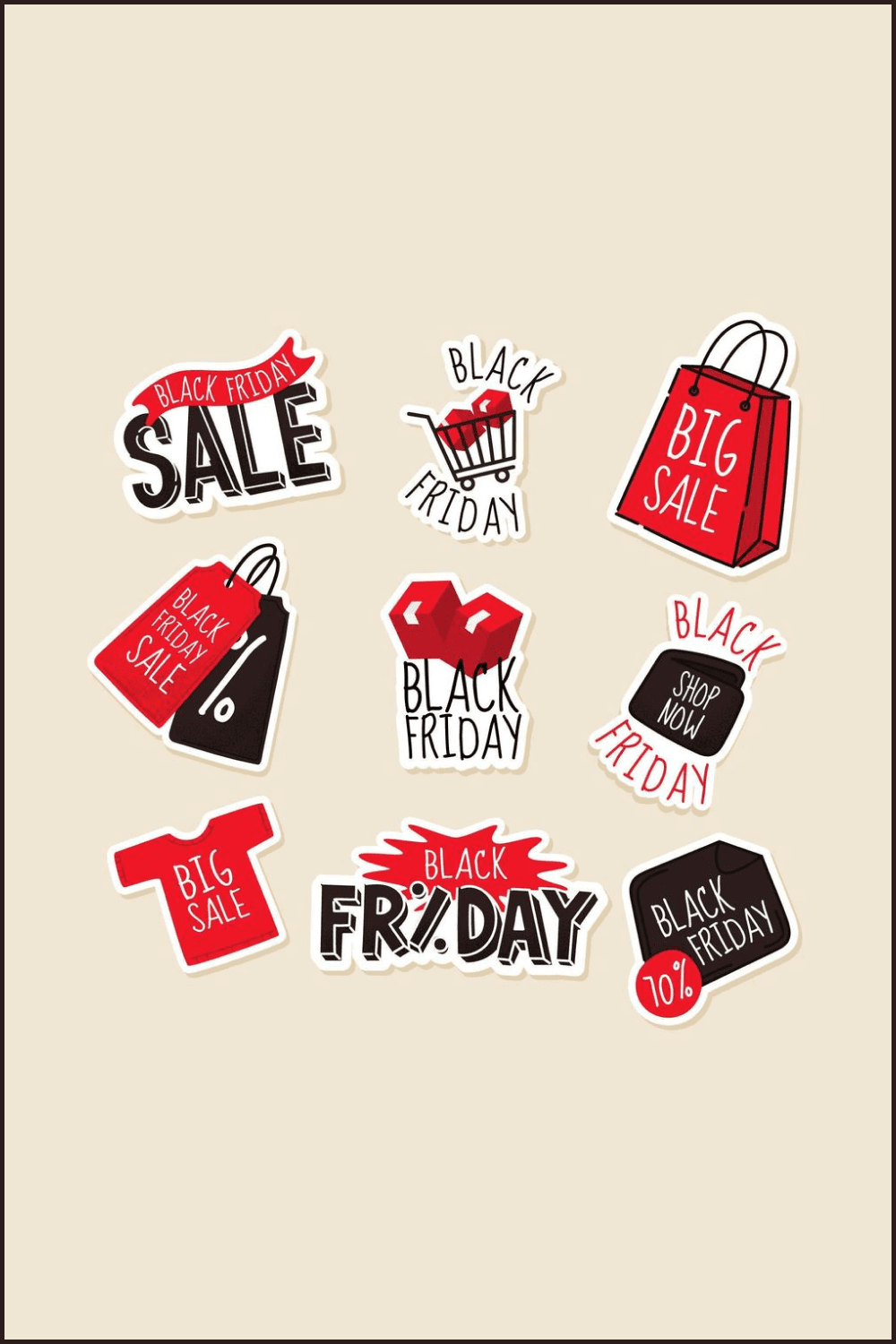 Collage of stickers for Black Friday with bag, t-shirt, price tags.