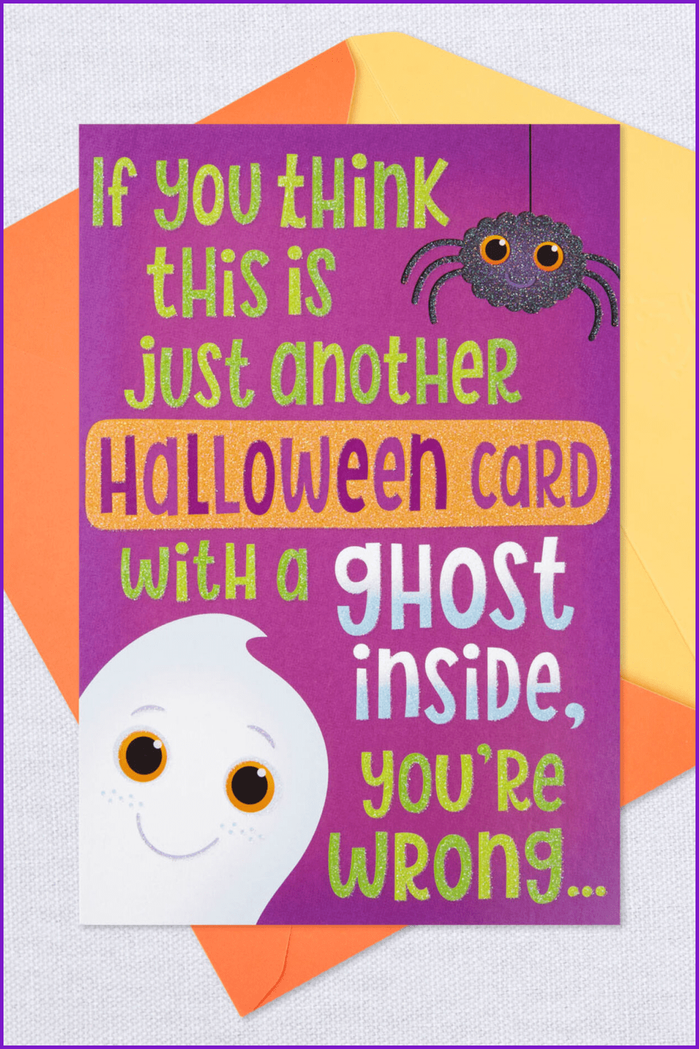 Pink greeting card with cute ghost and spider.