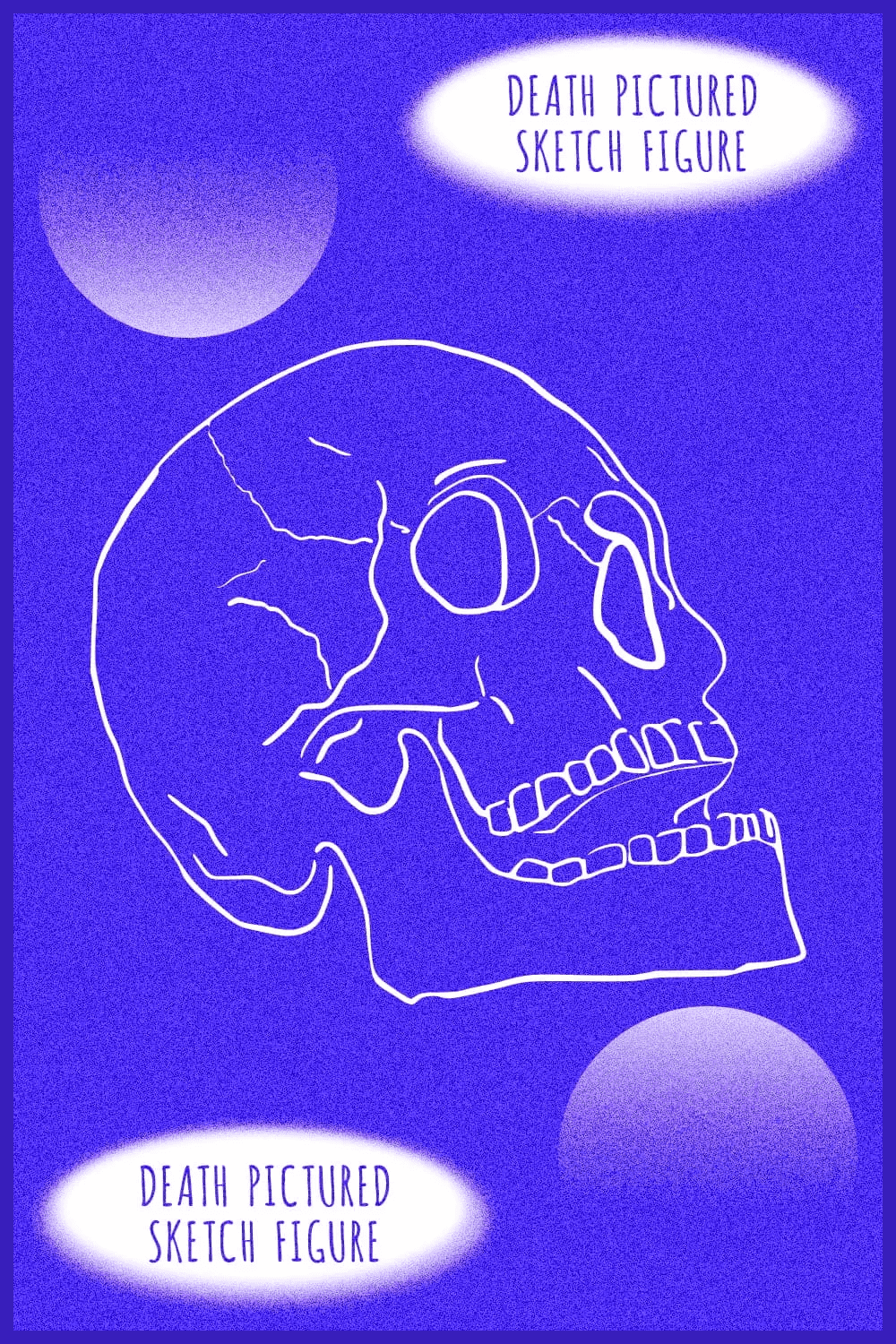 Sketch of a white skull on a blue background.