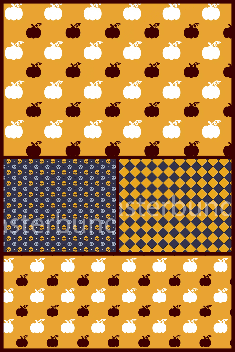 Collage of silhouettes of pumpkins, skulls in a geometric pattern on a blue and orange background.
