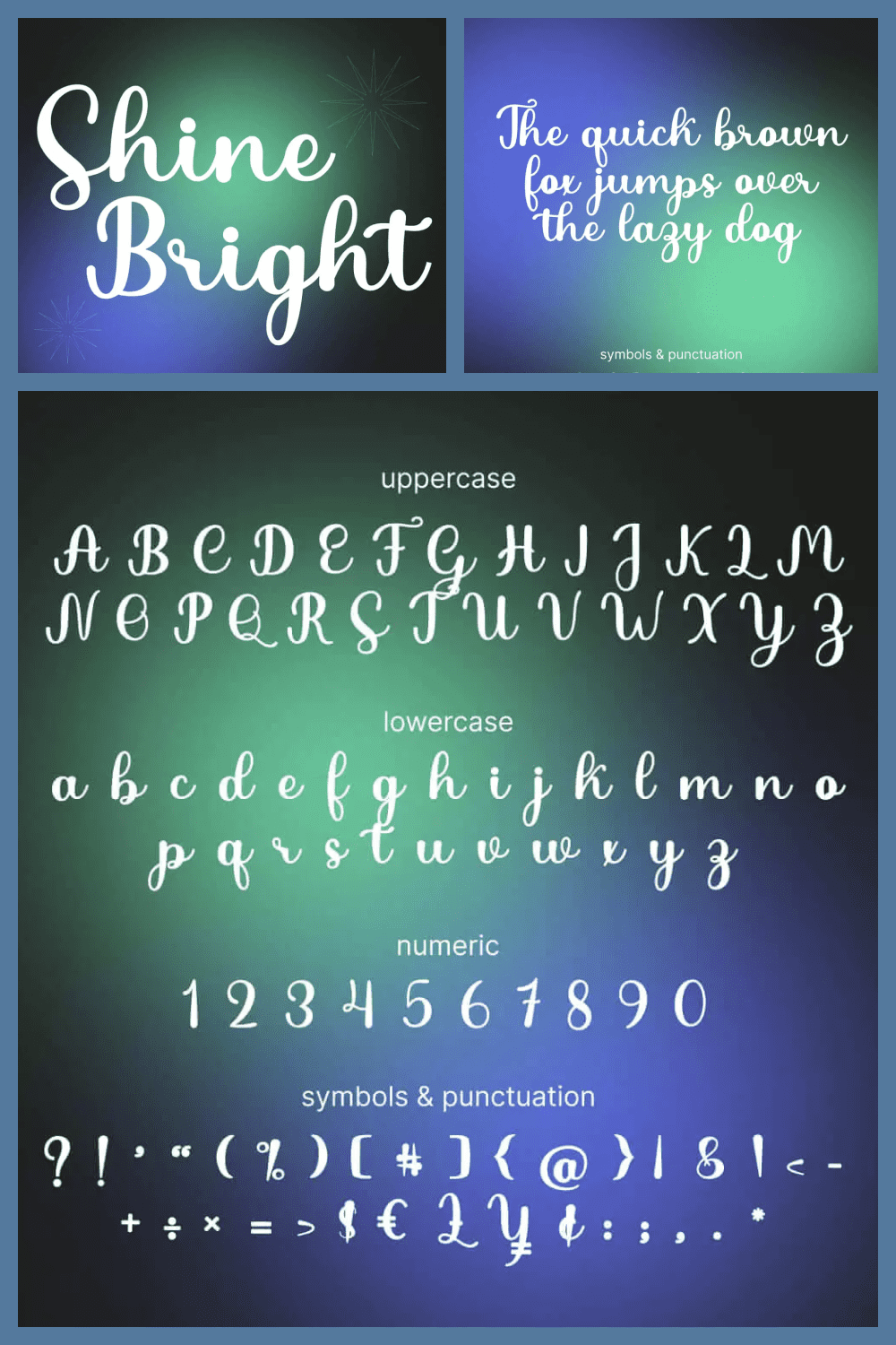 Alphabet and numbers in white on a blue-green background.